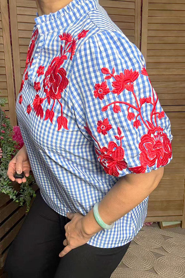 Red floral embroidery blue checkered Southern Stitch Suppliers XCH16782