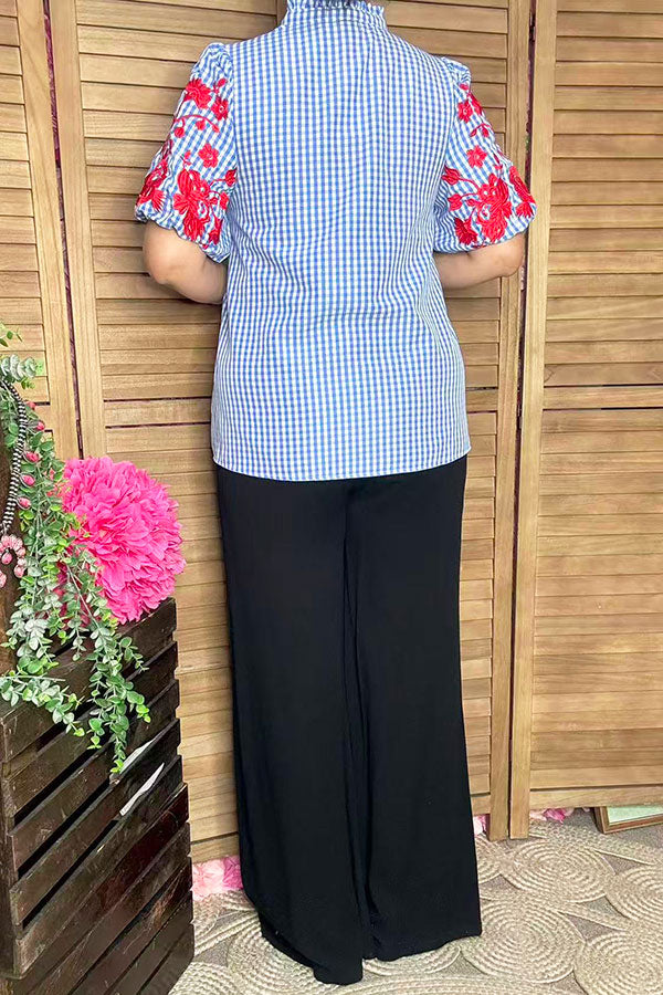 Red floral embroidery blue checkered Southern Stitch Suppliers XCH16782