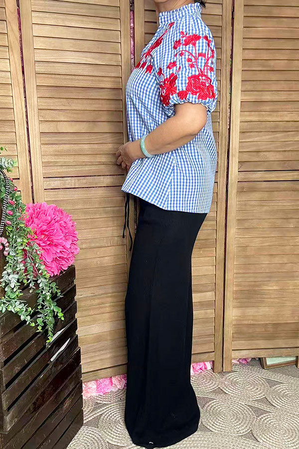 Red floral embroidery blue checkered Southern Stitch Suppliers XCH16782