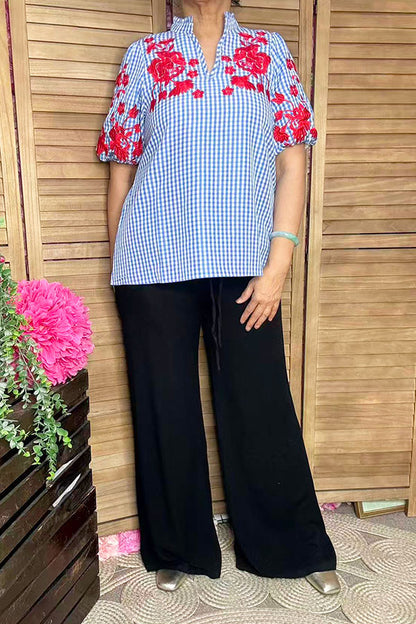 Red floral embroidery blue checkered Southern Stitch Suppliers XCH16782