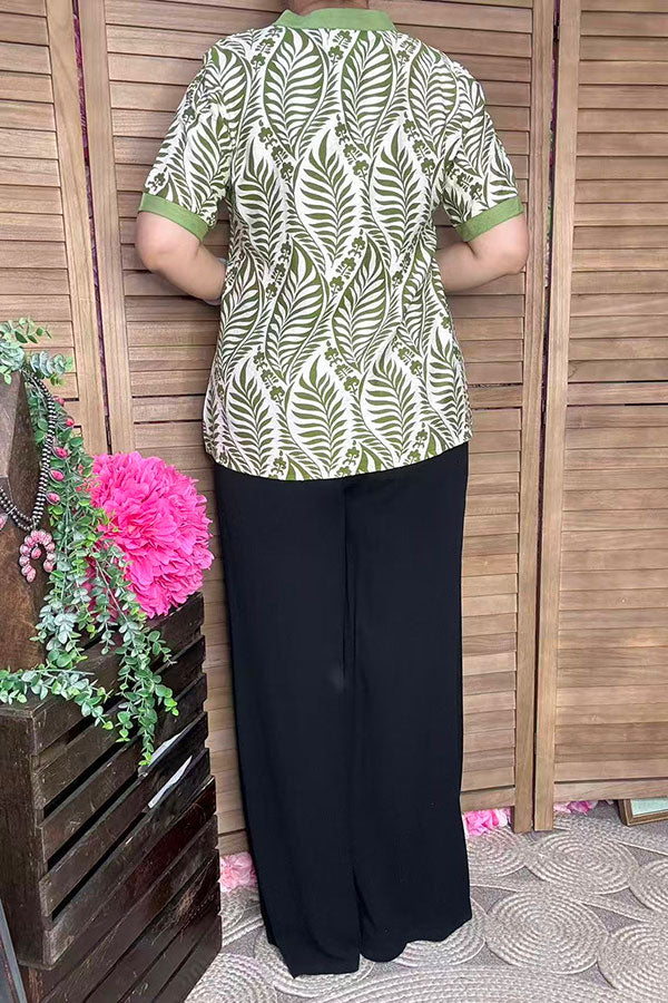 Green patterned short sleeve women's blouse w/v-neck GJQ16909