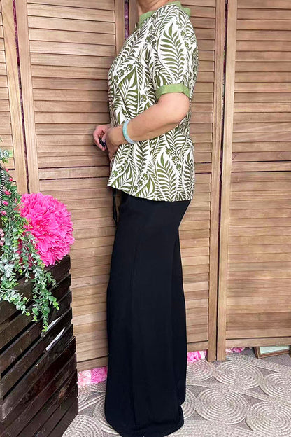 Green patterned short sleeve women's blouse w/v-neck GJQ16909