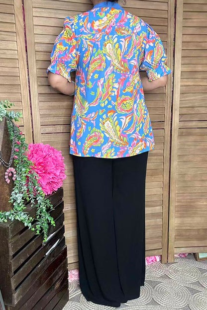 Paisley printed puff short sleeve split neck boutique clothing suppliers GJQ16574