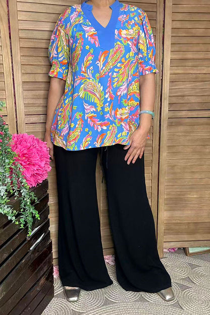 Paisley printed puff short sleeve split neck boutique clothing suppliers GJQ16574