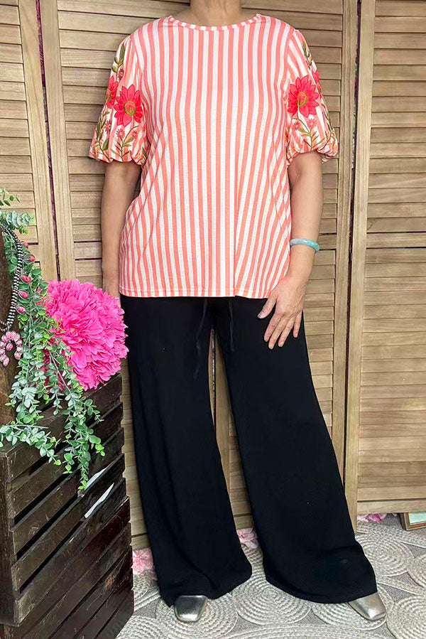 Floral embroidery coral stripes puff short sleeve spring women's top XCH16648