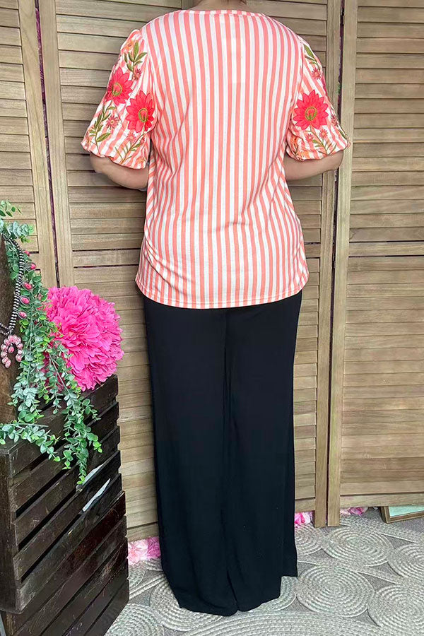 Floral embroidery coral stripes puff short sleeve spring women's top XCH16648