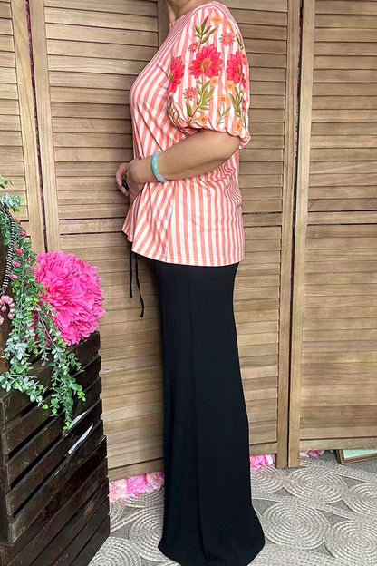 Floral embroidery coral stripes puff short sleeve spring women's top XCH16648