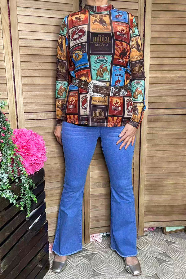 Western patterns sheer long sleeve top boutique clothing suppliers XCH16961