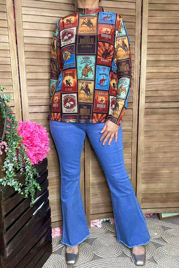 Western patterns sheer long sleeve top boutique clothing suppliers XCH16961