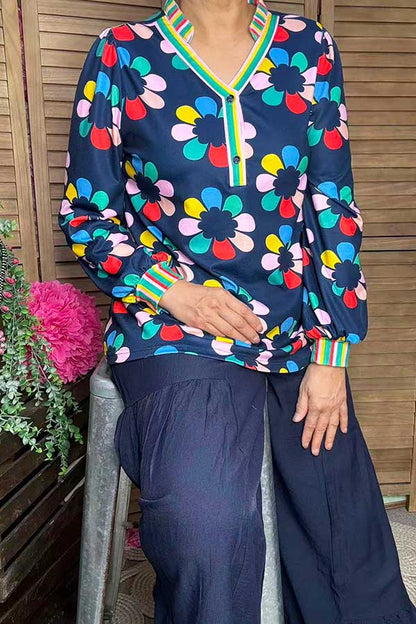 Multi color flower printed & striped balloon long sleeve women blouse XCH16345