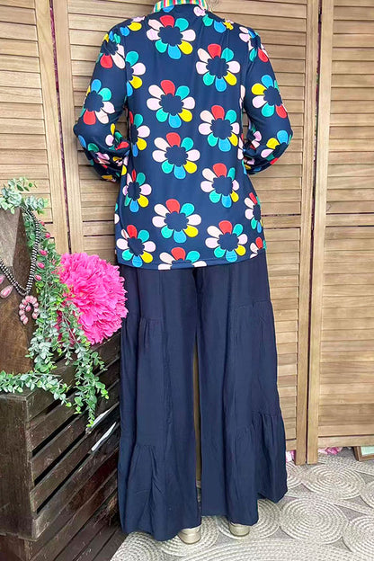 Multi color flower printed & striped balloon long sleeve women blouse XCH16345