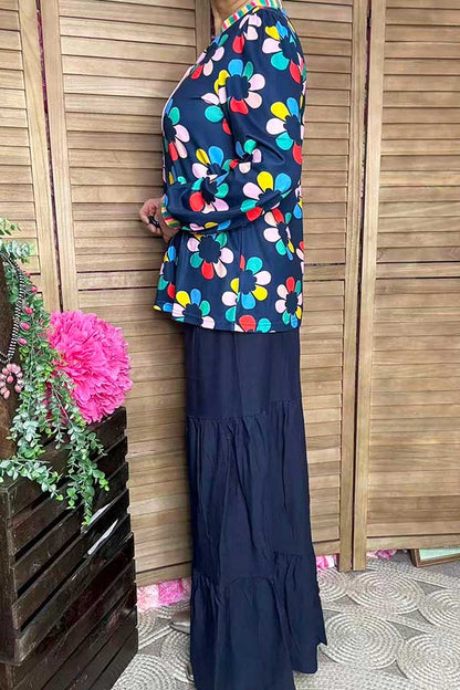 Multi color flower printed & striped balloon long sleeve women blouse XCH16345