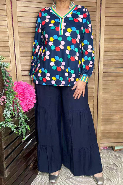 Multi color flower printed & striped balloon long sleeve women blouse XCH16345