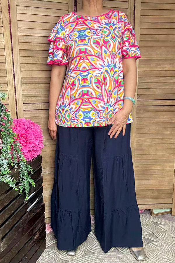 Women's top wholesale Abstract prints & triple ruffle short sleeves XCH16240