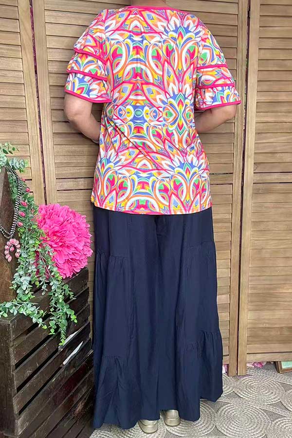 Women's top wholesale Abstract prints & triple ruffle short sleeves XCH16240