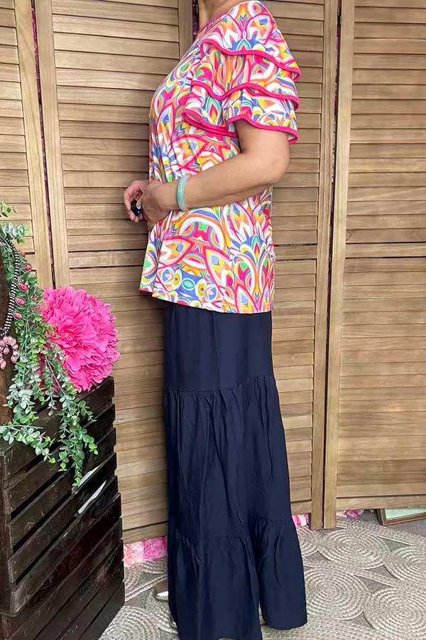 Women's top wholesale Abstract prints & triple ruffle short sleeves XCH16240