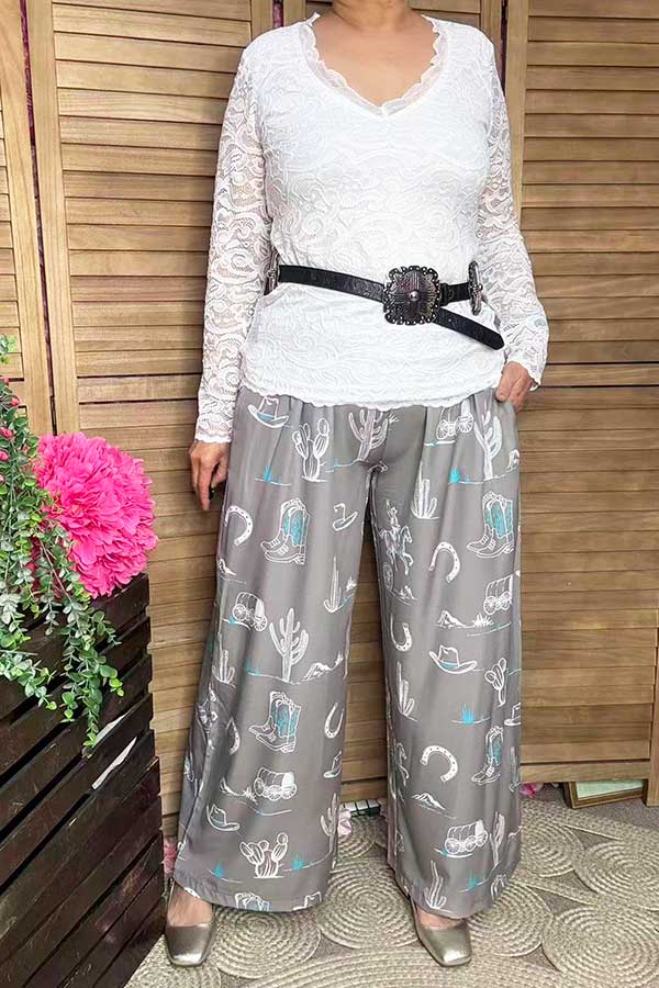 Western printed wide leg & elastic wasit women's pant Southern Stitch bulk XCH16945