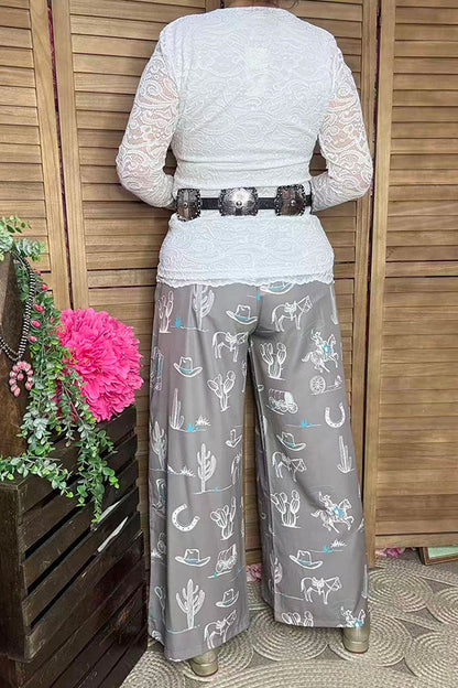 Western printed wide leg & elastic wasit women's pant Southern Stitch bulk XCH16945