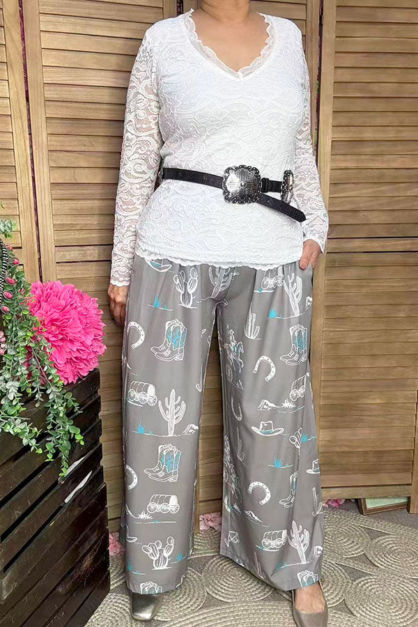 Western printed wide leg & elastic wasit women's pant Southern Stitch bulk XCH16945