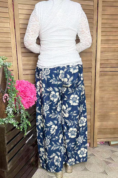 Navy blue floral printed wide leg casual womens pants GJQ16928