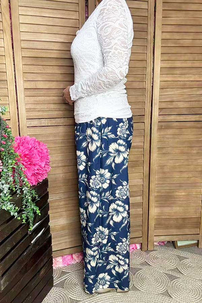 Navy blue floral printed wide leg casual womens pants GJQ16928