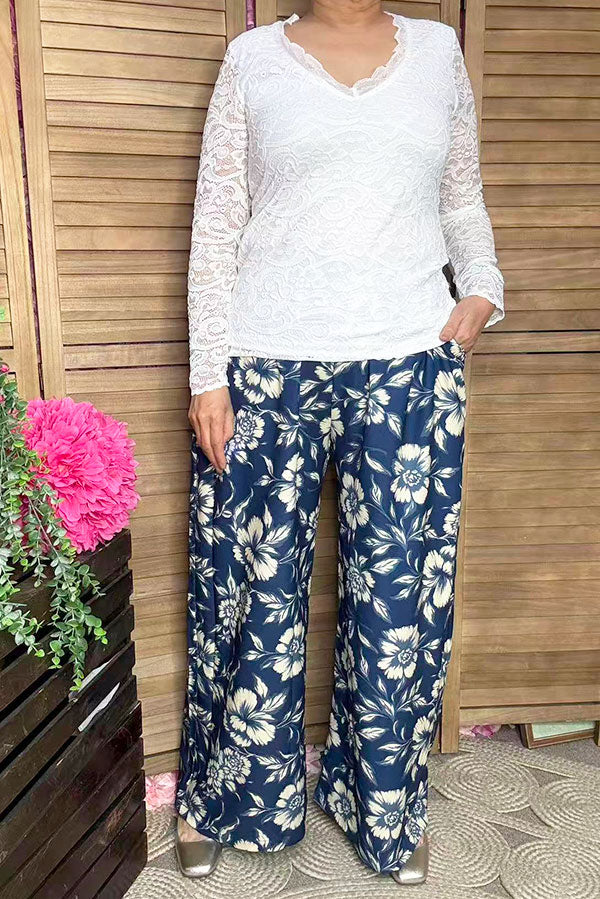 Navy blue floral printed wide leg casual womens pants GJQ16928