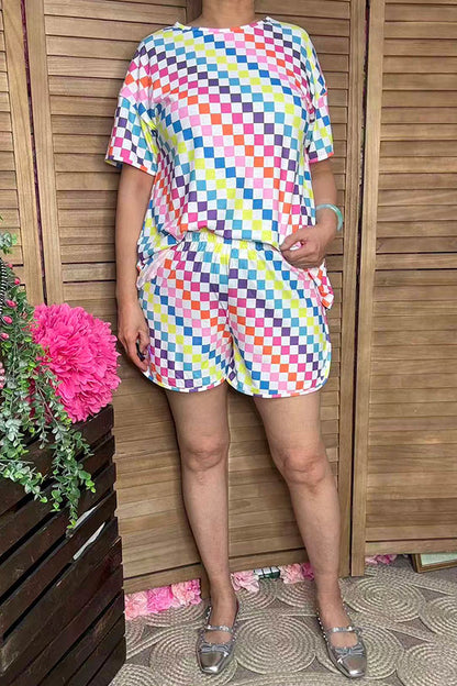 Multi color checkered short sleeve top & shorts 2pc women's set XCH16942