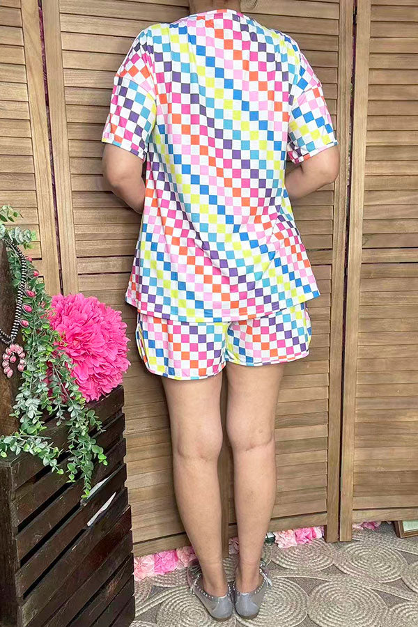 Multi color checkered short sleeve top & shorts 2pc women's set XCH16942