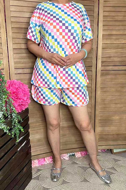Multi color checkered short sleeve top & shorts 2pc women's set XCH16942