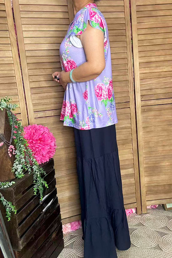 GJQ15842 Fuchsia multi color floral printed V-neckline short sleeve w/ruffle women purple tops
