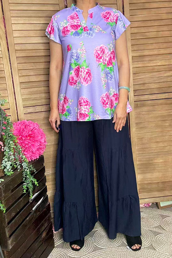 GJQ15842 Fuchsia multi color floral printed V-neckline short sleeve w/ruffle women purple tops