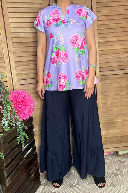GJQ15842 Fuchsia multi color floral printed V-neckline short sleeve w/ruffle women purple tops