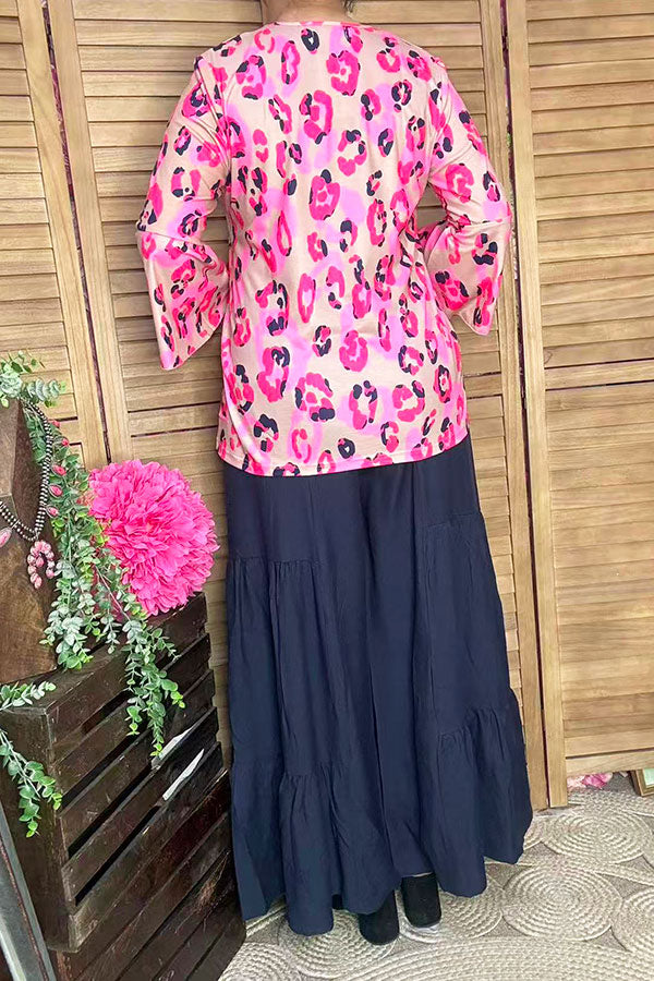 GJQ15750 Pink/fuchsia Leopard multi color printed 3/4 bell sleeve women tops