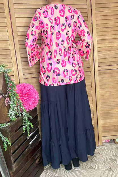 GJQ15750 Pink/fuchsia Leopard multi color printed 3/4 bell sleeve women tops