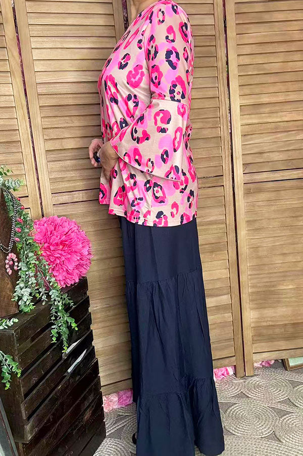 GJQ15750 Pink/fuchsia Leopard multi color printed 3/4 bell sleeve women tops