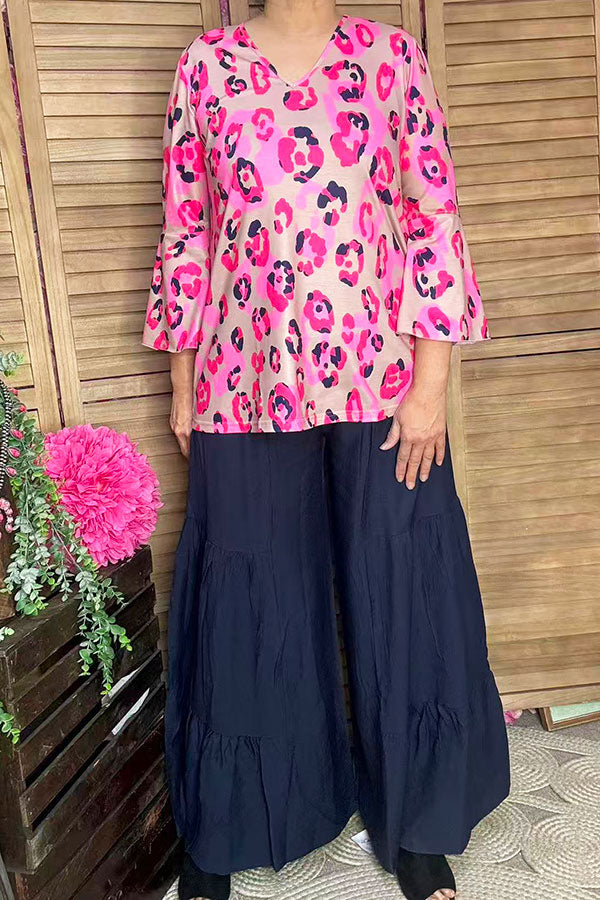 GJQ15750 Pink/fuchsia Leopard multi color printed 3/4 bell sleeve women tops