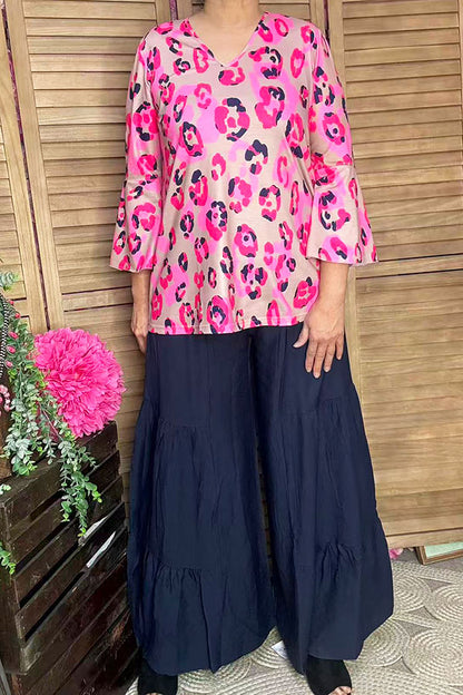 GJQ15750 Pink/fuchsia Leopard multi color printed 3/4 bell sleeve women tops