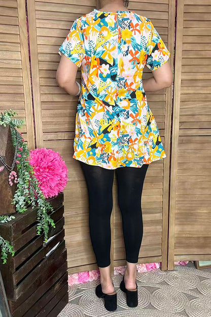 Women's t-shirt suppliers Floral printed w/ruffle sleeve & bottom HX5620