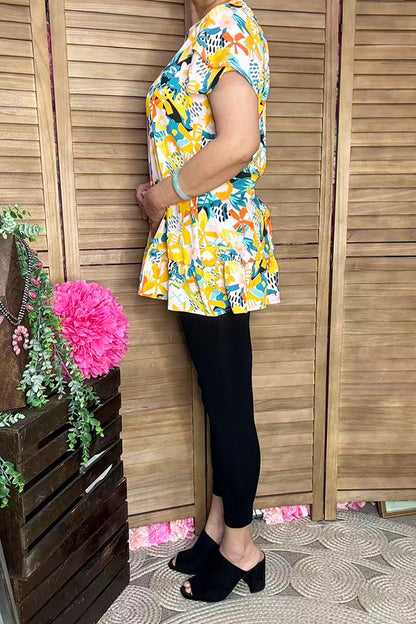 Women's t-shirt suppliers Floral printed w/ruffle sleeve & bottom HX5620