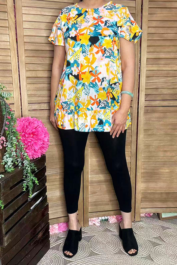Women's t-shirt suppliers Floral printed w/ruffle sleeve & bottom HX5620