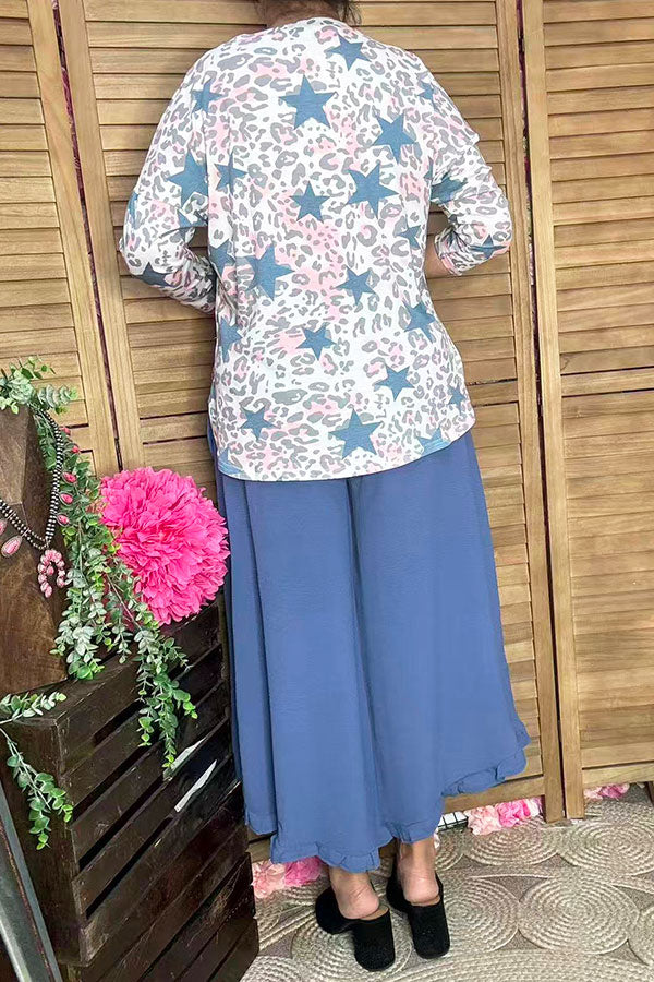Blue/pink leopard & start printed 3/4 sleeve top BQ10670