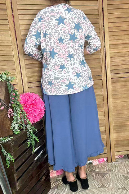 Blue/pink leopard & start printed 3/4 sleeve top BQ10670