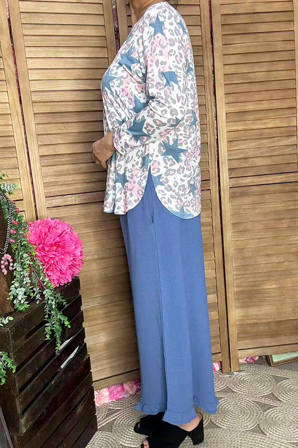 Blue/pink leopard & start printed 3/4 sleeve top BQ10670