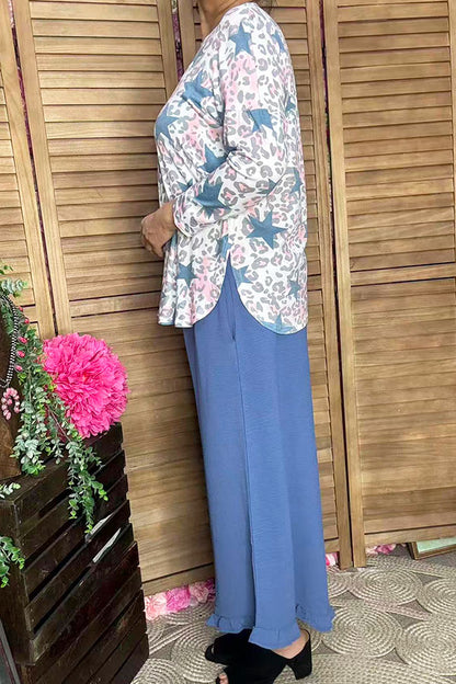 Blue/pink leopard & start printed 3/4 sleeve top BQ10670