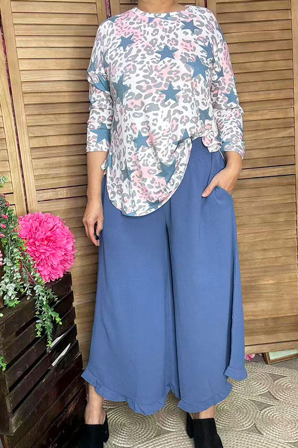 Blue/pink leopard & start printed 3/4 sleeve top BQ10670
