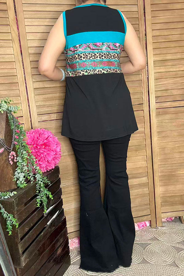 YMY12590 Leopard & floral black color block tank top