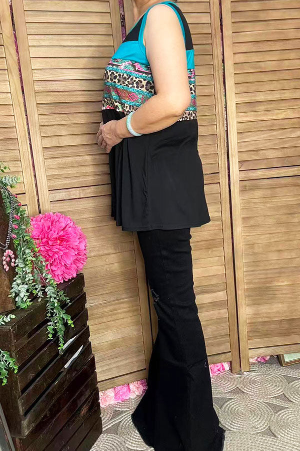 YMY12590 Leopard & floral black color block tank top
