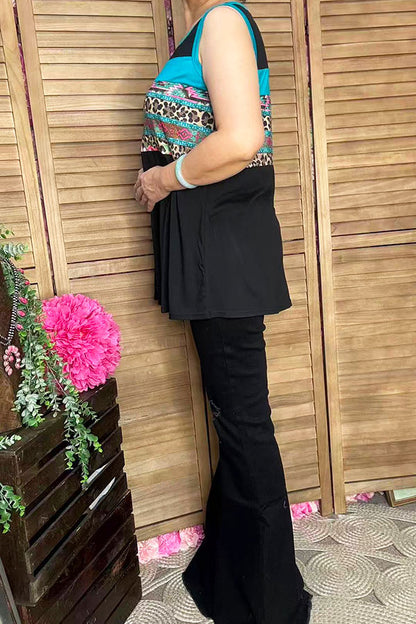YMY12590 Leopard & floral black color block tank top
