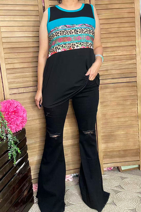YMY12590 Leopard & floral black color block tank top
