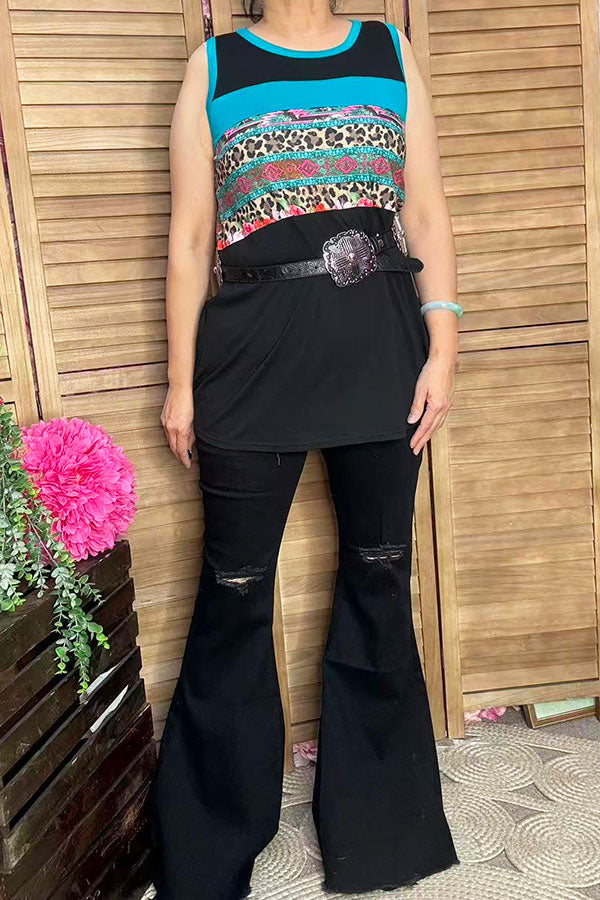 YMY12590 Leopard & floral black color block tank top